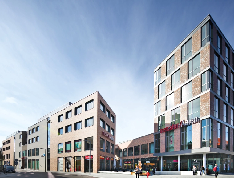 Design - permit approval planning - inner-city quarter - mercatura Aalen - areal overview - brick facades